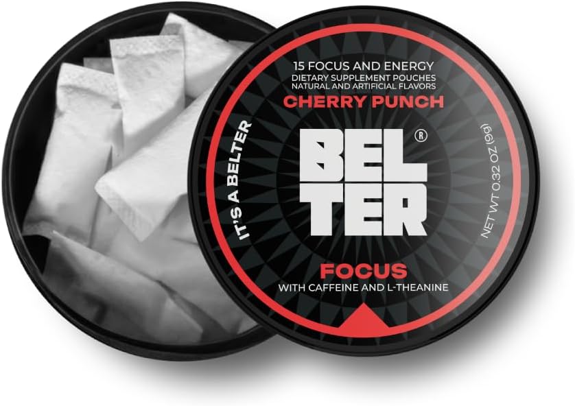 BELTER Focus - Cherry Punch - Caffeine Pouches - 15 Count - Fast-Acting - Zero-Calorie Energy Boost with L-Theanine - 96mg Caffeine Per Pouch - Ideal for Sports, Gym, Gaming, & Work