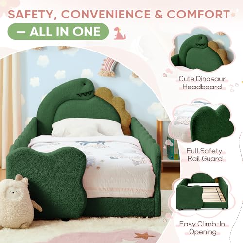 Image of Twin Size Kids Floor Bed Frame, Upholstered Montessori Platform Bed Cute Dinosaur-Shaped Daybed Frame for Girls Boys, No Box Spring Required, Green