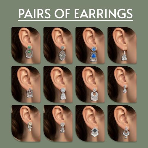Image of Rangrez Oxidized Designer Earrings Set of 12 With Velvet Jewellery Organizer Box & Mirror | Minimalist & Traditional Jhumka Set for Womens & Girls