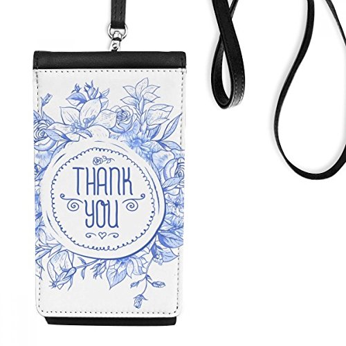 Smartphone bourse en cuir motif fleurs bleues et rose suspendu sacoche téléphone noir