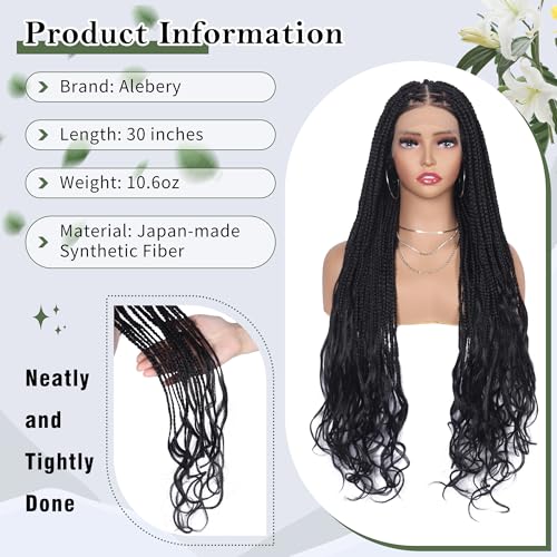 Alebery 30” HD Full Lace Knotless Box Braided Wigs with Curly End Lace Front Braids Wigs for Black Women Lightweight Synthetic Black Cornrow Fully Handmade Boho Curly Ends Braided Wig with Baby Hair — view 5
