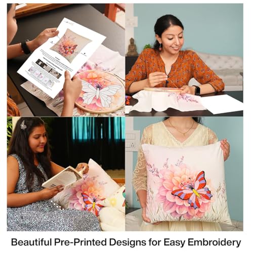 Image of picknMAKE Butterfly Bliss DIY Craft Cushion /Pillow Cover with Beginners for Set Kit Embroidery Hand Cover Cushion DIY 2 of Pack |16 inchX16|Digitally Printed Embroidery Patterns|All Materials Included