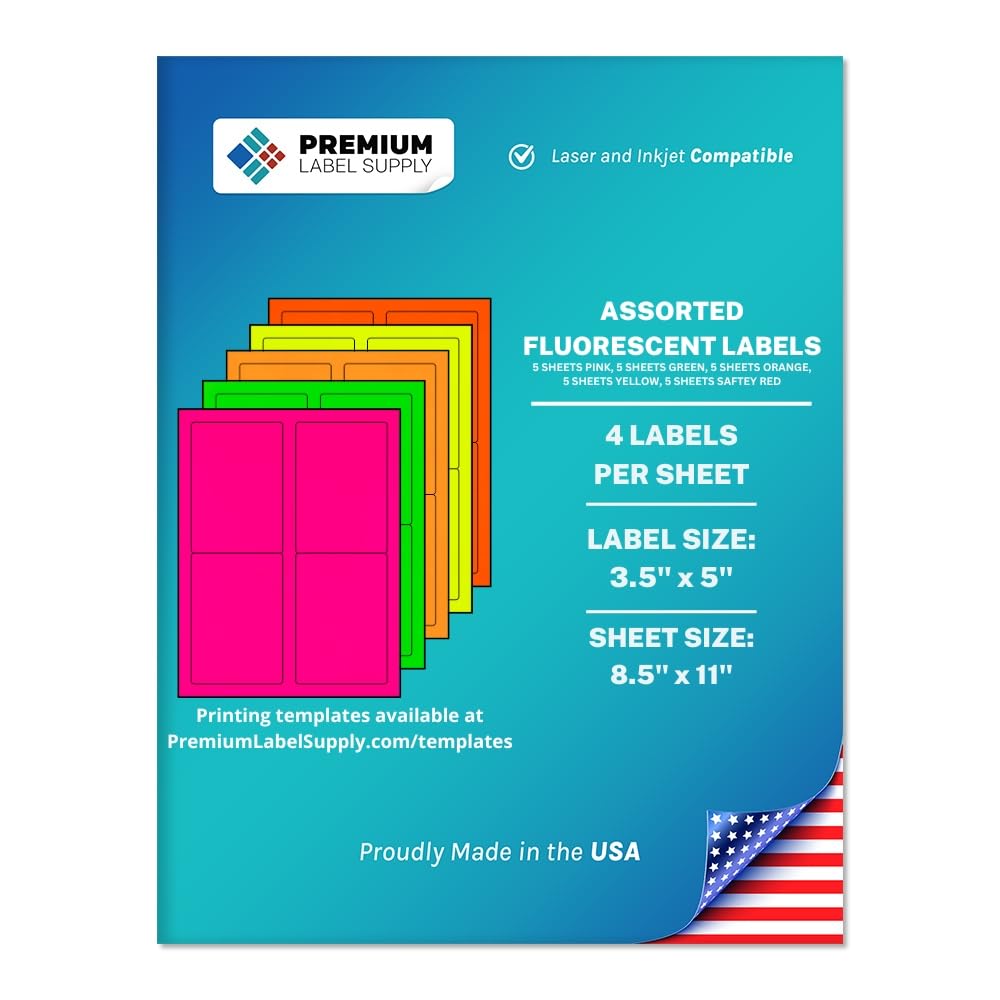 Premium Label Supply Neon Fluorescent Labels - Assorted Colors, 100 Labels (3.5" x 5")