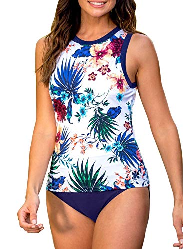 Happy Sailed Women 2 Piece Flounce Printed Top with Boyshorts Tankini Bathing Suits Large White