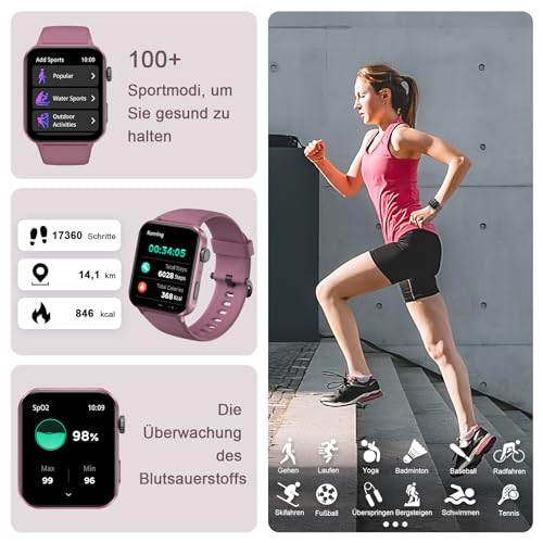 IOWODO Smartwatch Damen Herren 1,85 Zoll Uhren Fitnessuhr Sportuhr mit Schrittzähler Herzfrequenzmonitor Schlafmonitor Fitness Tracker Wasserdicht Lila Bluetooth Anrufe Smart Watch für iOS Android – Bild 5