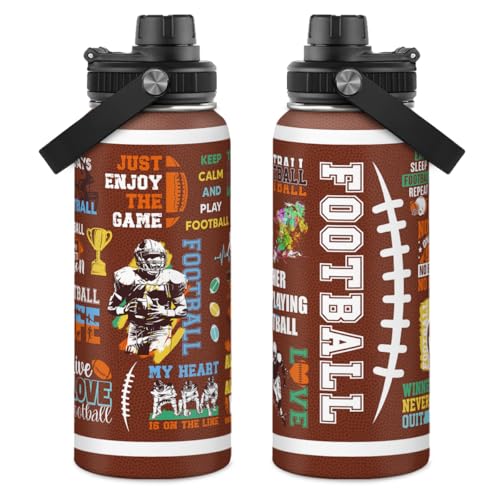 Image of SANDJEST American Football Insulated Stainless Steel Water Bottle 32oz, Vacuum Chug Lid Travel Tumbler for Men Friends Dad Football Lovers Fans Coaches, Birthday Christmas Father's Day
