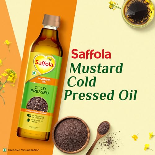 Image of Saffola Cold Pressed Mustard Oil | 100% Cold Pressed Mustard Seed Oil | Kachi ghani Mustard Oil, 0 trans fat, Unrefined, Chemical free | Helps Manage Cholesterol, Goodness of Omega 3 with Authentic Seed Flavour | 2L Pet Bottle