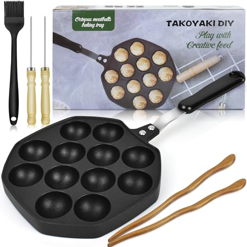 Artcome Takoyaki Pan with Handle - 12-Hole Nonstick Takoyaki Maker with 2 Wooden Picks & Silicone Brush, Octopus Ball Grill for Gas Stove, Japanese Snack Cooker for Takoyaki, Cake Pops, Aebleskiver by Artcome - Used condition - US$27.64