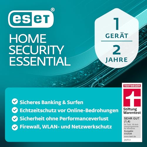 ESET HOME Security Essential 2026 | 1 Gerät | 2 Jahre | inklusive Firewall, Sicheres Banking & Surfen, Mikrofonkontrolle & Webcam-Schutz| Windows oder macOS | Aktivierungscode per E-Mail