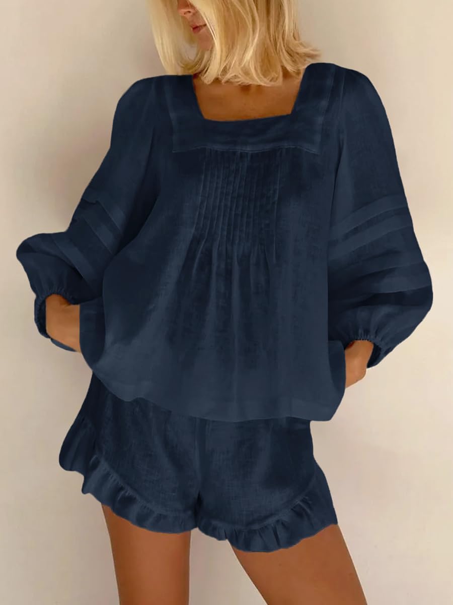 Womens 2 Piece Sets Puff Long Sleeve Square Neck Top and Ruffle Shorts Cotton Pajamas Set - Image 4