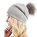 Women Knit Wool Beanie - Winter Fashion Solid Wool Hats Real Removable Raccoon Fur Pom Pom Warm Ski Beanie