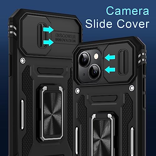 DEERLAMN Case for iPhone 13/iPhone 14 6.1-Inch with Slide Camera Cover+Screen Protector(2 Packs),Rotated Ring Kickstand Military Grade Shockproof Protective Cover-Black by DEERLAMN - Image 3