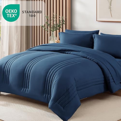 Image of Monbix King Size Comforter Set - 7 Pieces Serenity Blue Bed in a Bag, King Size Bedding Sets with Comforters, All Seasons Comforter with Sheets,Pillowcases & Shams