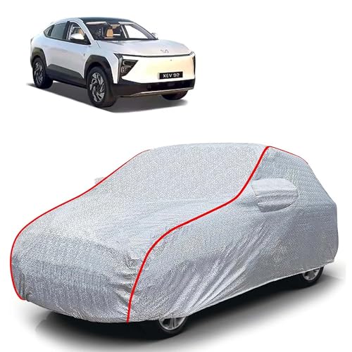 Image of Sulfar 100% Waterproof Car Body Cover Compatible with Mirror for Mahindra XEV 9e (Triple Stitched, Full Bottom Elastic, Magic Silver with Red Piping)