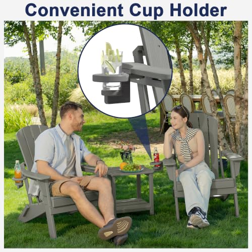 Image of Plawdlik Folding Adirondack Chair 9-piece Set, Cup Holder, Gray | pin-free folding, 38-in tall back, Wood-grain All-weather HDPE; for fire pit, poolside, deck, backyard, patio