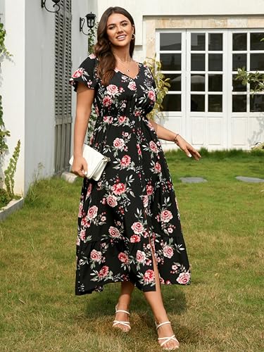 Image of RWJ Women Plus Size Maxi Dress V Neck Short Sleeve Button Trim Split Flowy Tiered Casual Long Dresses 2025 L-3XL