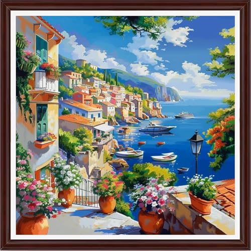 Image of Dooxvey Counted Cross Stitch Kits for Adults 11CT Printed Cross-Stitch Patterns Cross Stitching Embroidery Kit Stamped or Counted Needlepoint Kits- Seaside Scenery 18x18 inch