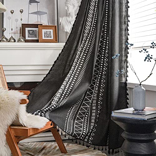 Sedefen Boho Vorhänge Landhausstil Baumwolle Leinen Gardinen Blickdicht Schwarz Weiß Streifen Leinenoptik Gardinen mit Quaste Verdunkelung Vorhang für Wohnzimmer Schlafzimmer,1 Stück (B) 150x240cm (H)