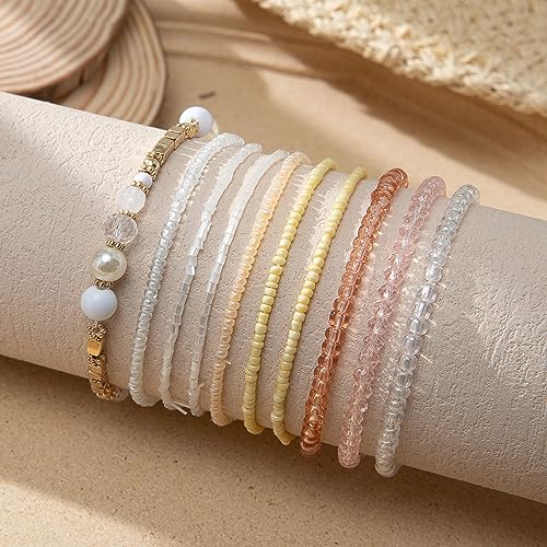 Image of Caiyao Handmade Multicolor Bohemian Crystal Beaded Bracelets Set Multilayer Stackable Boho Charms Stretch Layered Bead Adjustable Bangles Strand Jewelry for Women