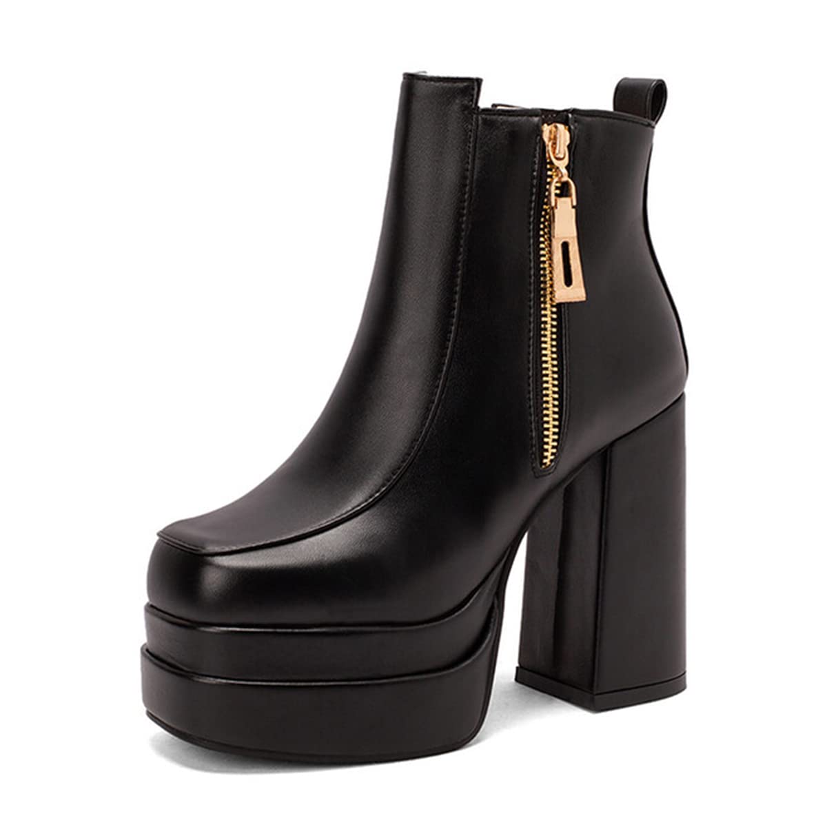 CoceMoce Stylish Platform Boots for Women Chunky High Heels Square Toe Heeled Ankle Booties with Zipper Autumn Winter