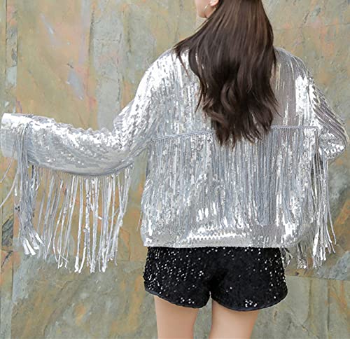 Image of LifeShe Women's Sequin Jacket With Tassel Open Front Cardigan Metallic Shiny Party Clubwear