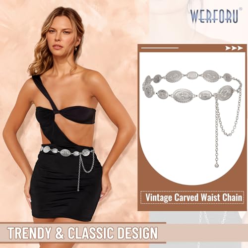 WERFORU Western Chain Belt for Women Metal Chain Belt Metal Concho,A-silver,Fit Waist Size 39"-45"2