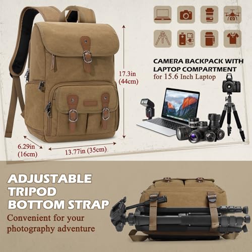 Image of RAINSMORE Camera Backpack, DSLR SLR Mirrorless Camera Bag for Photographer | 15.6 Inch Vintage Canvas Camera Case with Laptop Compartment & Tripod Holder & Rain Cover for Sony Canon Nikon Fujifilm Khaki