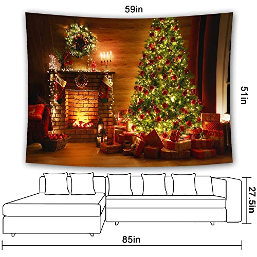 Mr.bee Tapestry Colorful Backdrop, Xmas Santa Claus, Reindeer, Tree And Fire Place For The Living Room Background Wall Hanging For Party Home Christmas Wall Decor (W59 X L51) #TOP3