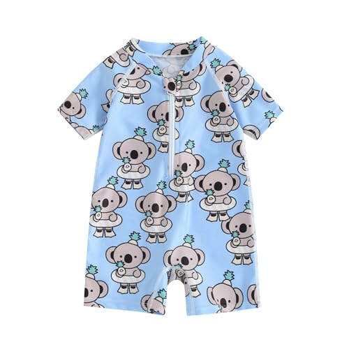 CHAUKAREAUL Baby Boy Swimsuit Zipper Short Sleeve Cartoon Bear Print Jumpsuit One Piece Swimwear Toddler Bathing Suit (Blue, 2-3 Years)