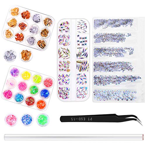 Rhinestones for Nails, Selizo 1728 Pcs Nail Art Rhinestones Crystals Charms with 120 Pcs Multi Shapes Nail Gems Diamonds and 24 Pots Foils Flakes for Acrylic Nails Jewelry Decorations