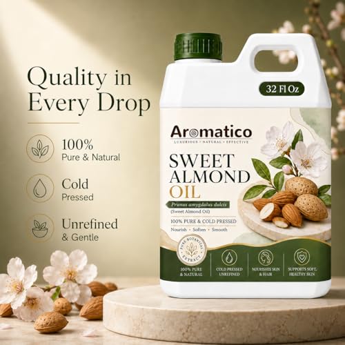 Image of AROMATICO Sweet Almond Oil for Skin, Hair and Body Care, Multipurpose Carrier Oil for Massage, Scalp Care, Dry Skin Routine, DIY Beauty and Natural Glow - 946 ml