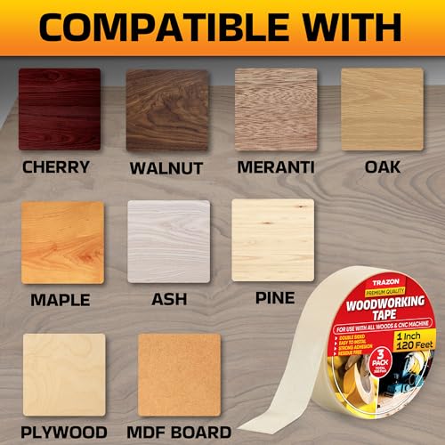 Image of Trazon Double Sided Woodworking Tape Super Strong, 3 Pack, 1 Inch x 120 Feet, Wood Crafter Sticky Tool, Two Side Adhesive for Router Templates and CNC Machine, Removable & Residue Free