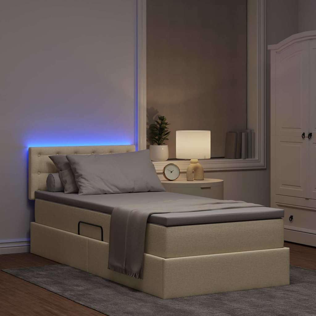 Cama de almacenamiento LED color crema 90 x 190 cm con colchón, cabecero ajustable, espacio de almacenamiento, funda de tela, tira LED USB, cama individual moderna para dormitorio con