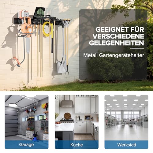 Urban Deco Gartengerätehalter Wandhalterung 150kg Tragkraft mit 4 Doppelhaken & 2 Paneelen – Pulverbeschichtetes Rostbeständiges Metall für Gartenwerkzeug, Besen, Schaufeln in Garage, Garten, Keller