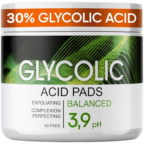 Glycolic Acid Resurfacing Pads - Facial Exfoliating Peel for Radiance, Pores, Dark Spots & Texture - Gentle AHA Toner Pads with Vitamin C, E, B5 for Women & Men - 60 Pre-Soaked Cotton Rounds