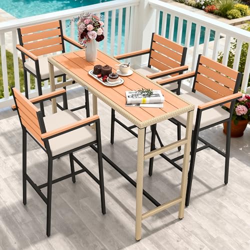 YITAHOME 5 Piece Patio Bar Set for 4 Outdoor High Top Dining Table and Chairs (with Arms, Cushions, Backrest) Bar Table and Chairs Set Outdoor Bar Set with Stool for Indoor/Outdoor