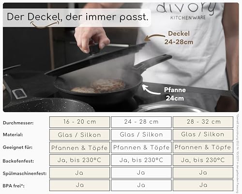 DIVORY Universaldeckel Ø 24, 26 und 28 Deckel Glasdeckel mit abgestuften Silikonrand, Deckel für Pfannen und Töpfe… – Ansicht 5