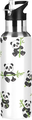 Cute Cartoon Pandas - Botella de agua blanca aislada de 32 onzas, sin BPA, con popote a prueba de fugas