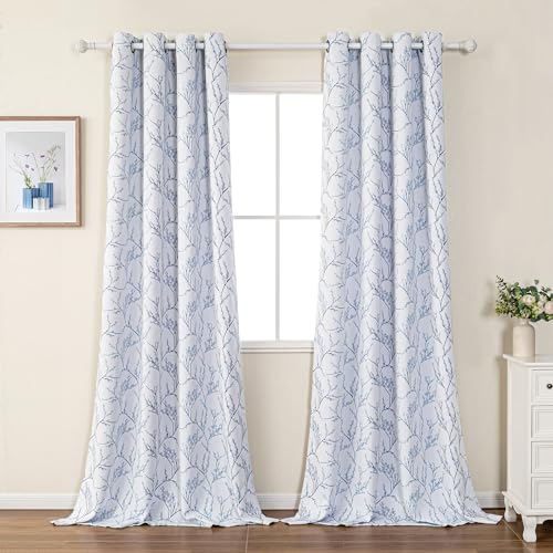 Image of MYSKY HOME Living Room Curtains 95 inches Long Thermal Insulated Room Darkening Curtains for Sliding Door Patio Leaf Pattern Grommet Drapes for Bedroom, Blue, 2 Pieces