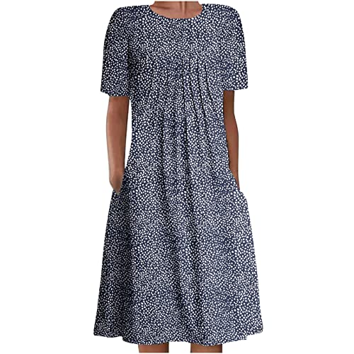 Strandkleid Damen Elegant Schicke Bedrucktes, Günstig Knielanges Damen Kleid Mit Kurzen Ärmeln Und Positionierung Druck, Sommerkleid Leicht Luftig,...