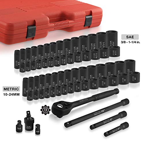 Neiko 02448A 1/2" Drive Master Impact Socket Set, 65 Piece, Standard Sae (3/8"-1-1/4") & Metric (10-24 Mm) Sizes, Deep & Shallow Kit, Includes Adapters & Ratchet Handle, 1/2 Impact Socket Set #TOP4