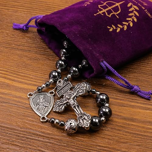 Image of Nazareth Store Hematite Rosary Black Stone Beads Necklace Metal Beaded Silver-Plated Medal & Cross for Men NS