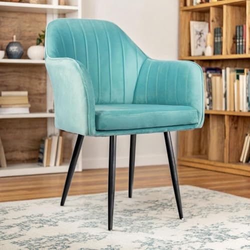Image of Velvet Accent Chair | Luxury Upholstered Armchair with Sturdy Metal Legs | Modern Comfortable Chair for Living Room, Bedroom, Office, or Cafe (Black Legs, Sky Blue)