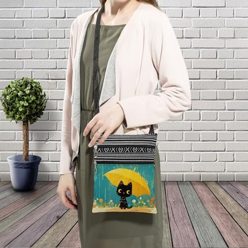 Yellow Umbrella Cat Messenger Bag Small Ethnic Pattern Printed Adjustable Strap Crossbody Zipper Bag Yellow Umbrella Cat Phone Bag Wallet Cute Shoulder Handbag for Women Friends -23