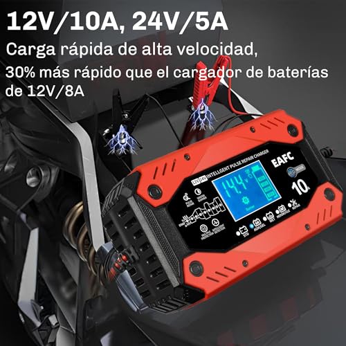 EAFC Cargador de Batería 12V 10A Coche con Pantalla Táctil Múltiples Protecciones Cargador Bateria Coche para Automóviles Motocicletas AGM, Gel(Incluye Caja de Almacenamiento) - imagen 6