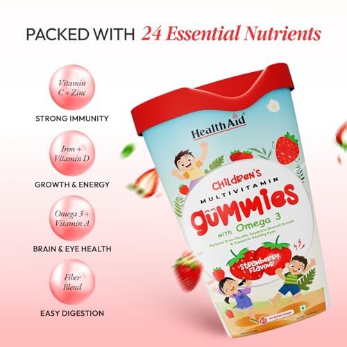 Image of HealthAId Children's Multivitamin Gummies - Sugar-Free Fiber & Omega 3 | Supports Brain & Eye Health, Immunity, Digestion, Daily Wellness | 24 Essential Nutrients with Iron, Vitamins C, A, B, D | Natural Berry & Strawberry Flavor | Dairy & Soy Free - 60 Gummies