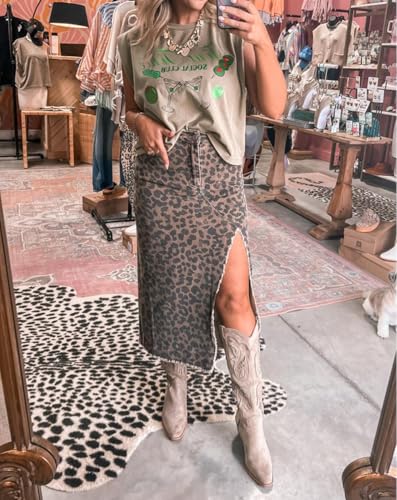 Apvirdy Leopard Print Denim Midi Skirt for Women Frayed Split High Waist Summer Cowboy Jean Skirt2