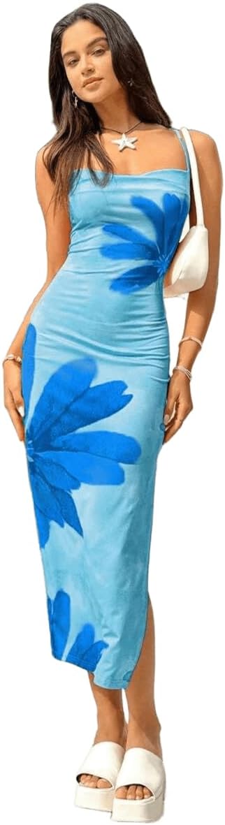 SKAYS Women's 2025 Floral Summer Dress Cowl Neck Spaghetti Strap Beach Midi Bodycon Tropical Vacation Dress with Slit