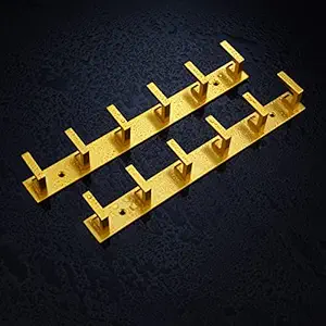 Crasts Exclusive Extra Long 6 Pin Metal Bathroom Cloth Hooks Hanger Door Wall Robe Hooks Rail for Hanging Keys,Clothes,Towel (Set of - 2, Gold)