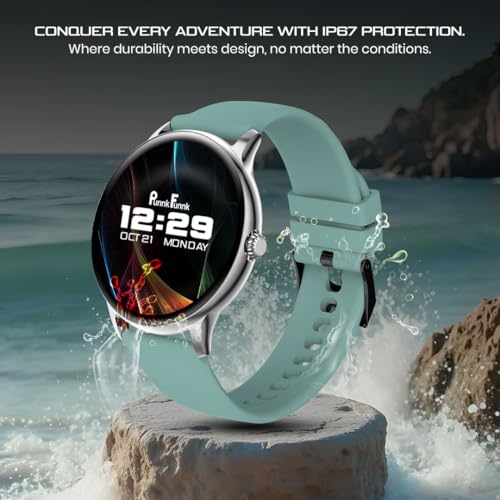 Image of PunnkFunnk Glavito Round Dial Smartwatch 1.49 inch AMOLED Display, 100+ Sports Modes, IP67, Health Tracking, Bluetooth Calling, Functional Crown Control, 100+ Watch Faces for Men & Women (Light Green)